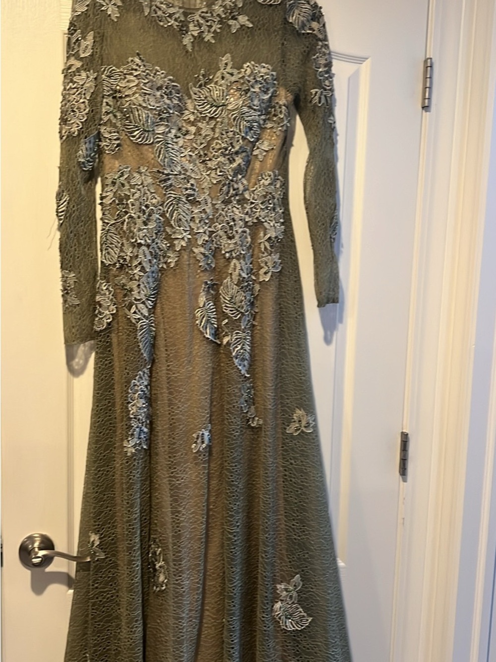 Olive Green Long-Sleeve Embroidered Lace Evening Gown